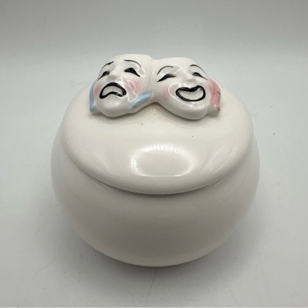 White Porcelain Trinket Box Drama Masks 2.5”  Japan Roman Inc. White Pink